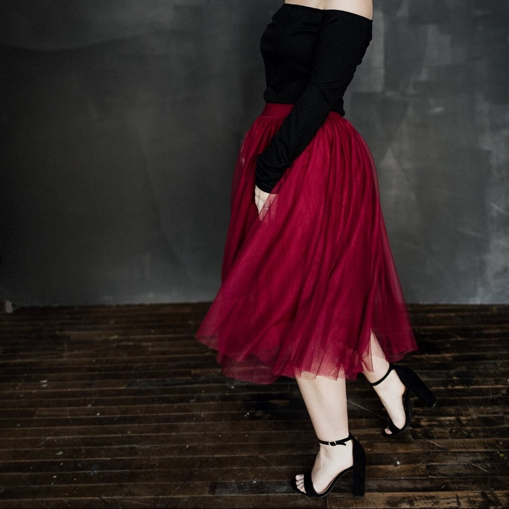 Burgundy Tulle Midi Skirt